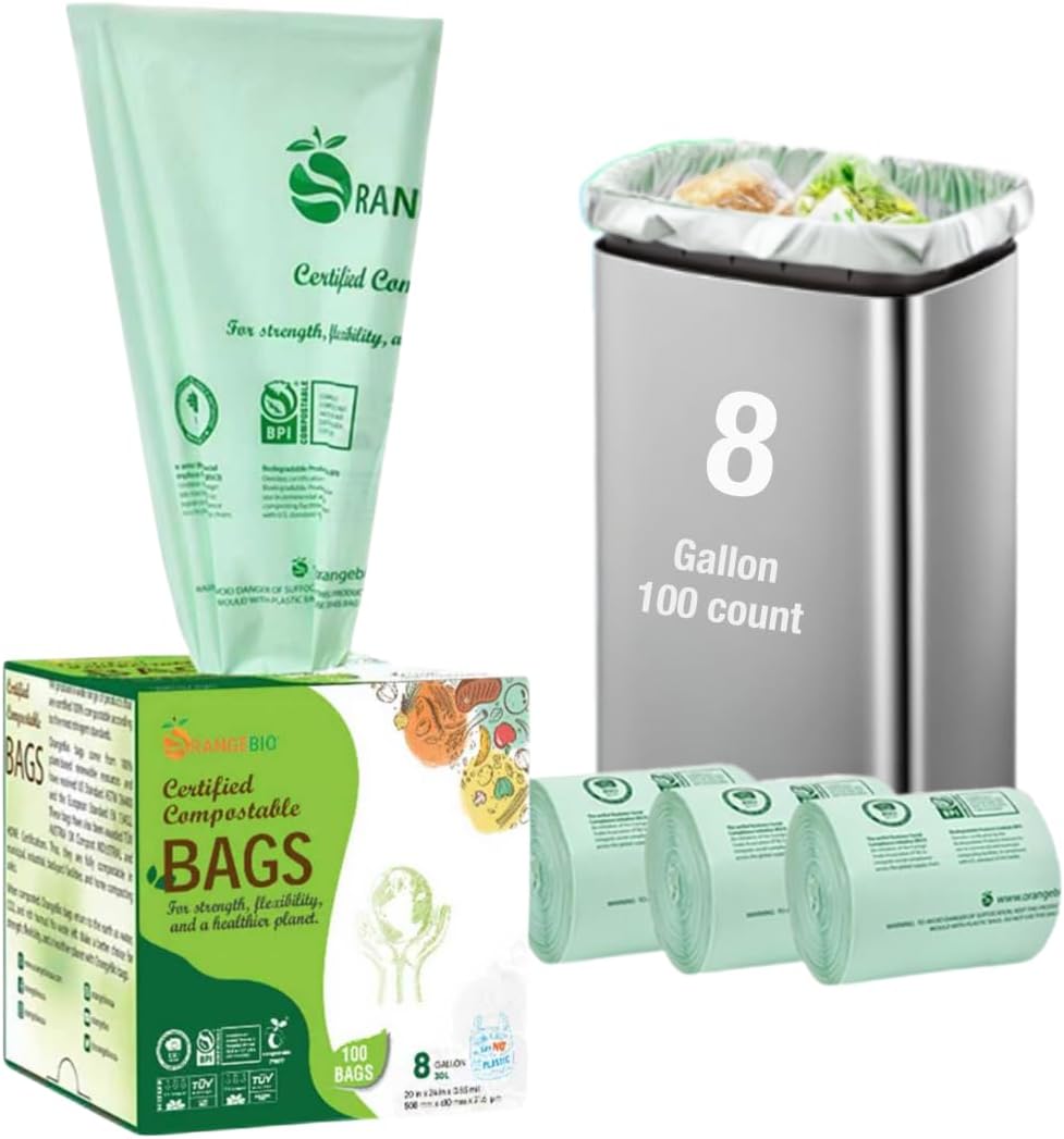 OrangeBio 6~8 Gallon Compostable Trash Bags, 100 Count, Plant-Based Garbage Bags for Kitchen, Bathroom, Office & Food Waste – Durable, Leak-Proof, ASTM D6400 & BPI Certified
