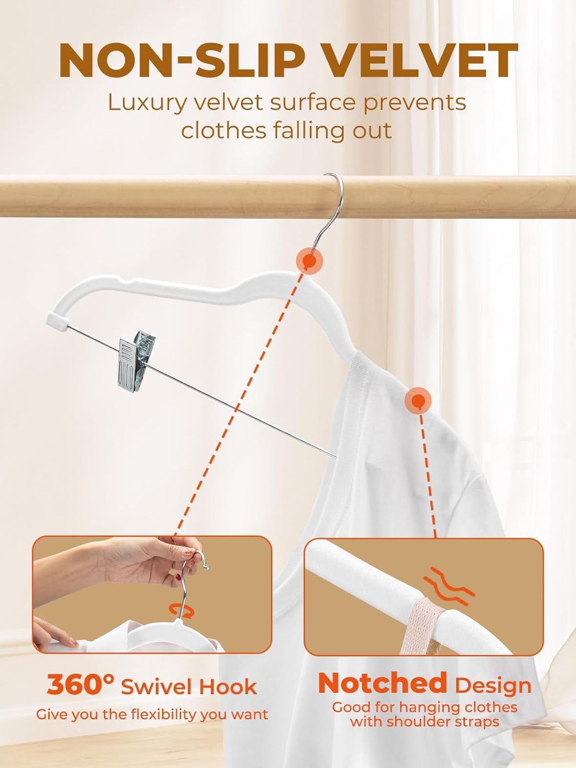HOUSE DAY Velvet Skirt Hangers 24 Pack, White Velvet Hanger with Adjustable Clips, Space Saving Slim Pant Hangers, Heavy Duty Non Slip Clip Hanger for Pants, Skirts, Shorts