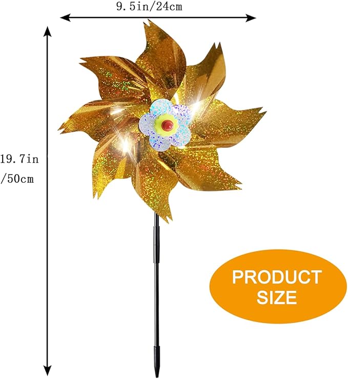 Sparkly Reflective Pinwheels with Stakes, Wind Spinners Outdoor Bird Scare Devices, Foil Pin Wheel Holographic Whirl Windmill for Yard Garden Decor Garden Wind Spinner 6 Packs - Gold