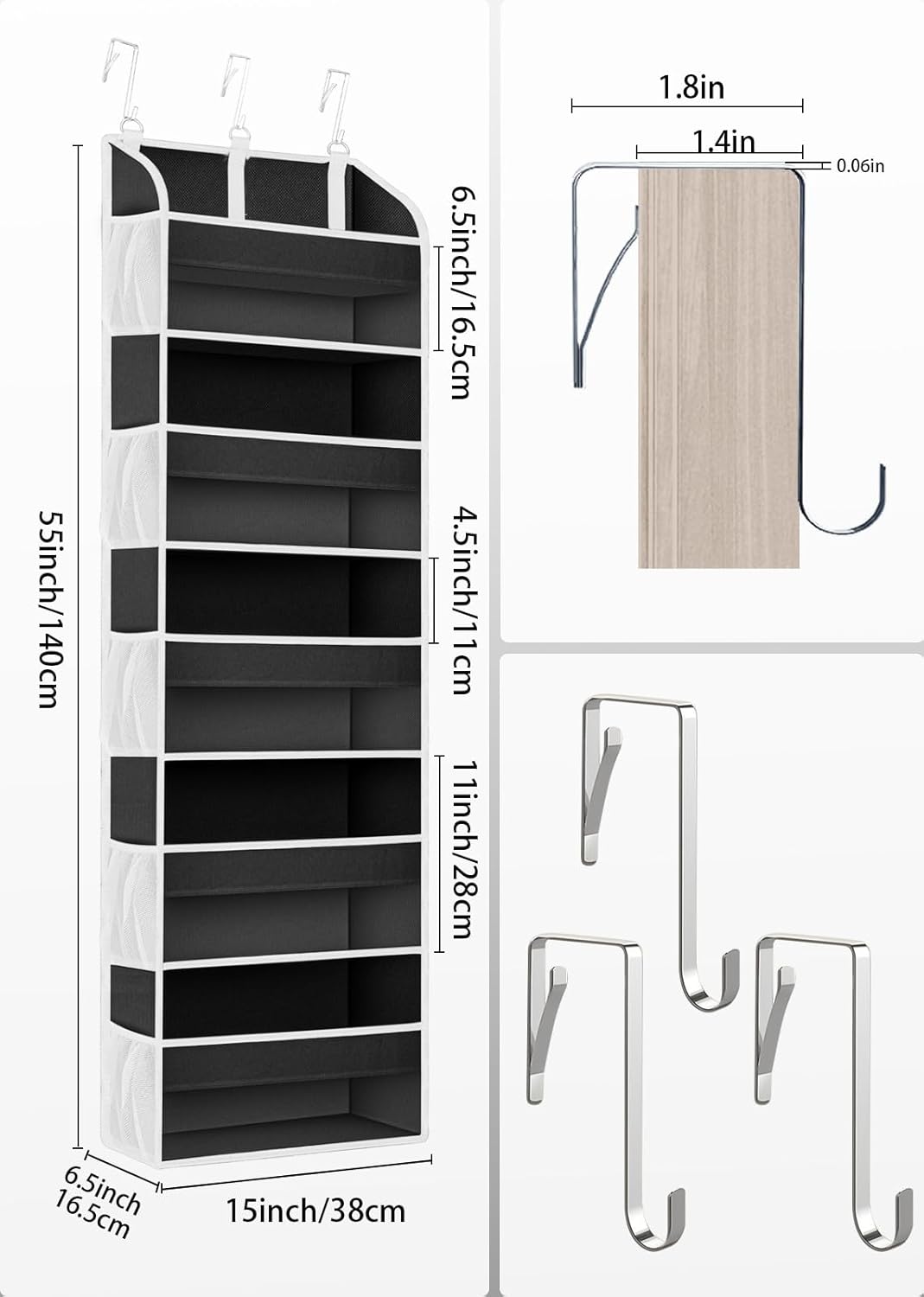 2 Pack Over The Door Storage Organizer with 5 Pockets 10 Mesh Side Pockets, 44 lbs Weight Capacity Door Hanging Organizers and Storage for Bedroom,Bathroom,Nursery,Pantry,Dorm(Black)