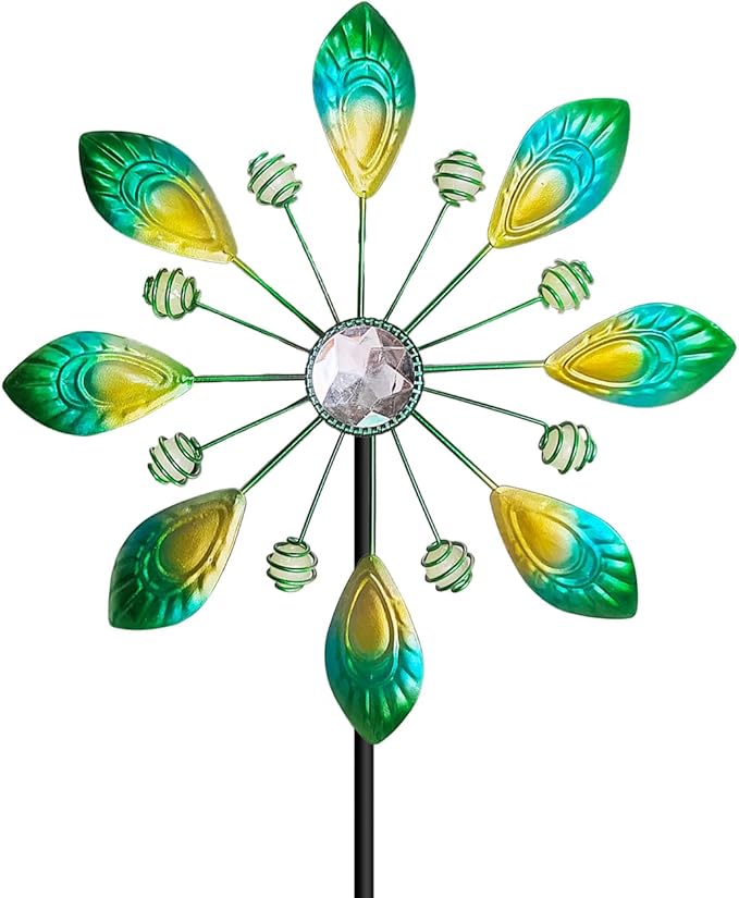 Metal Peacock Wind Spinner for Outdoor Garden Decor - 36 Inch Height Feather Wind Catcher with Stake, Lawn & Patio Art, Weather-Resistant Yar