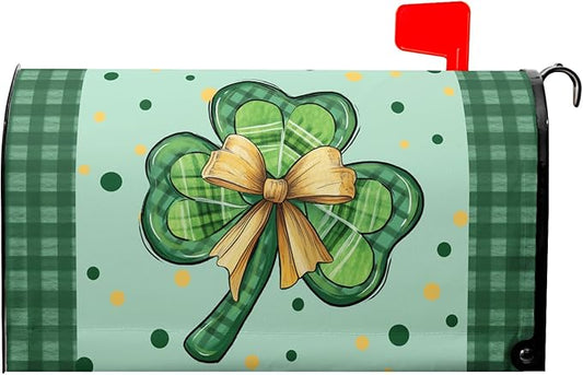 St Patrick's Day Mailbox Cover Magnetic Lucky Clover Shamrocks Holiday Decorative Mail Box Post Covers Leaves Green Plaid Waterproof Letter Box Wraps for Farmhouse Outdoor Garden Decor 21x18 in
