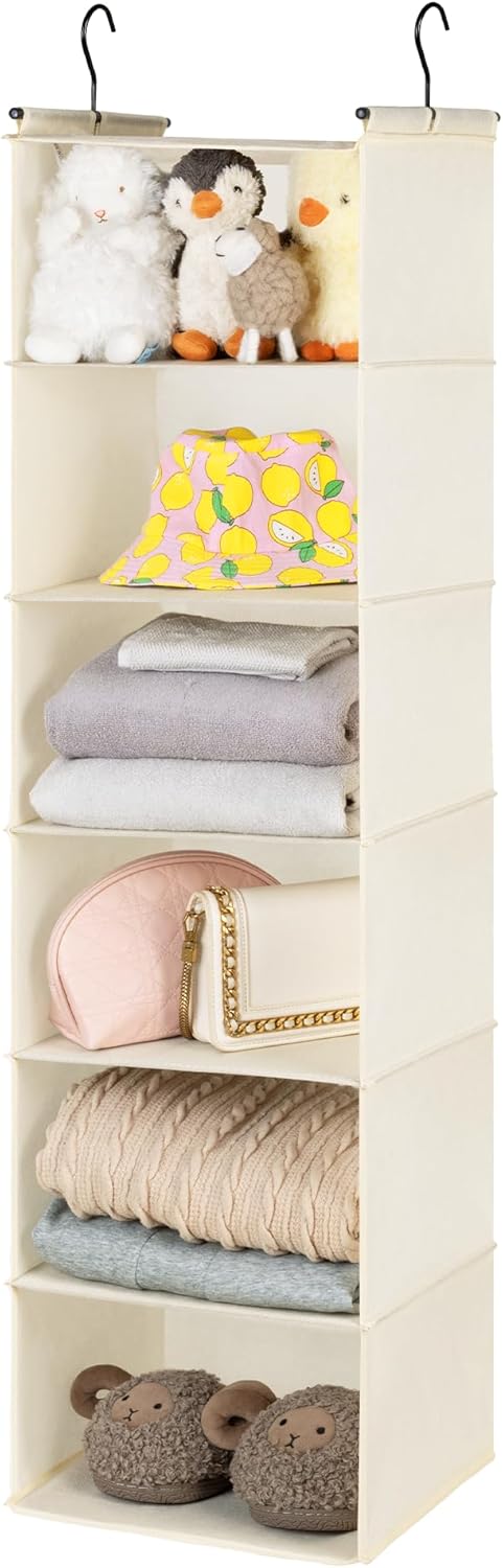 GRANNY SAYS 6 Shelf Hanging Closet Organizers and Storage, Collapsible Closet Hanging Organizer with 2 Sturdy Hooks, Large Hanging Shelves for Closet, College Dorm, Locker, Beige