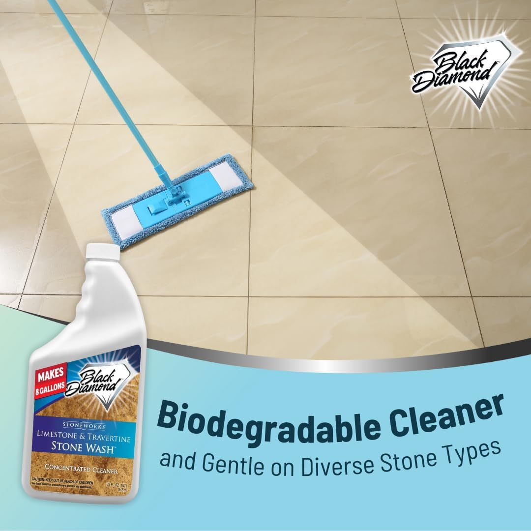 Black Diamond Stoneworks Limestone and Travertine Floor Cleaner: Natural Stone, Marble, Slate, Polished Concrete, honed or tumbled surfaces. Concentrated Ph. Neutral. (1-Quart)