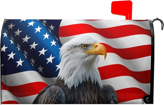 USA Flag Bald Eagle Patriotic Mailbox Cover 4th of July American Flag Magnetic Mailbox Covers Happy Independence Day Waterproof Post Letter Box Wraps for Outdoor Garden Yard Home 25.5x21 in