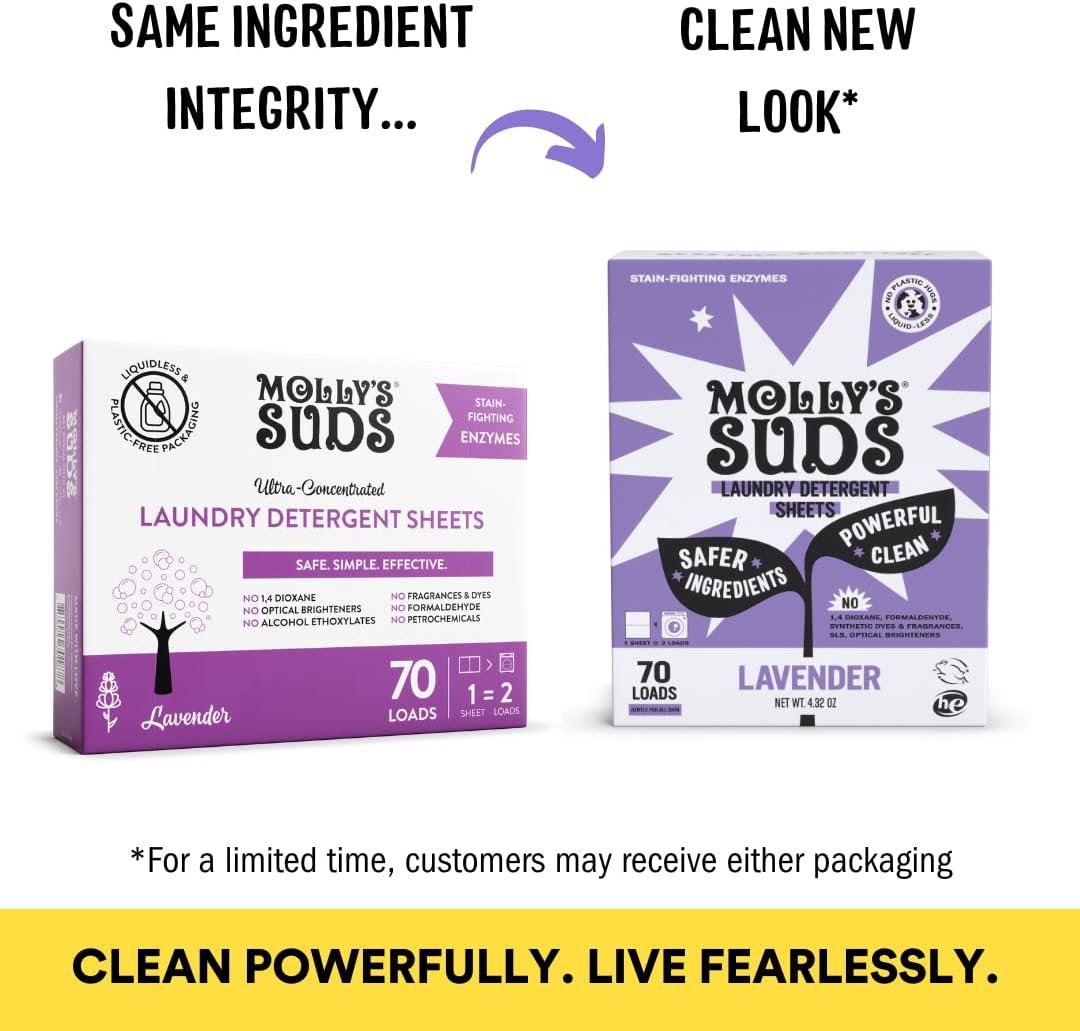 Molly’s Suds Laundry Detergent Sheets | Gentle on Sensitive Skin, Powerful Bio-Based Enzymes, Stain-Fighting | Liquidless & Plastic-Free Packaging | 70 Loads (Lavender)
