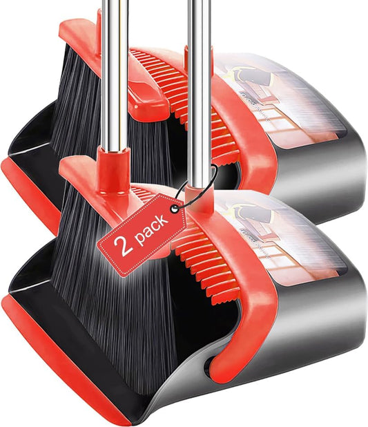 2-Pack is More economical，Broom and Dustpan， with 52" Long Handle, Dustpan Teeth with self-Cleaning Function, Indoor and Outdoor Sweeping, Perfect for Home Office