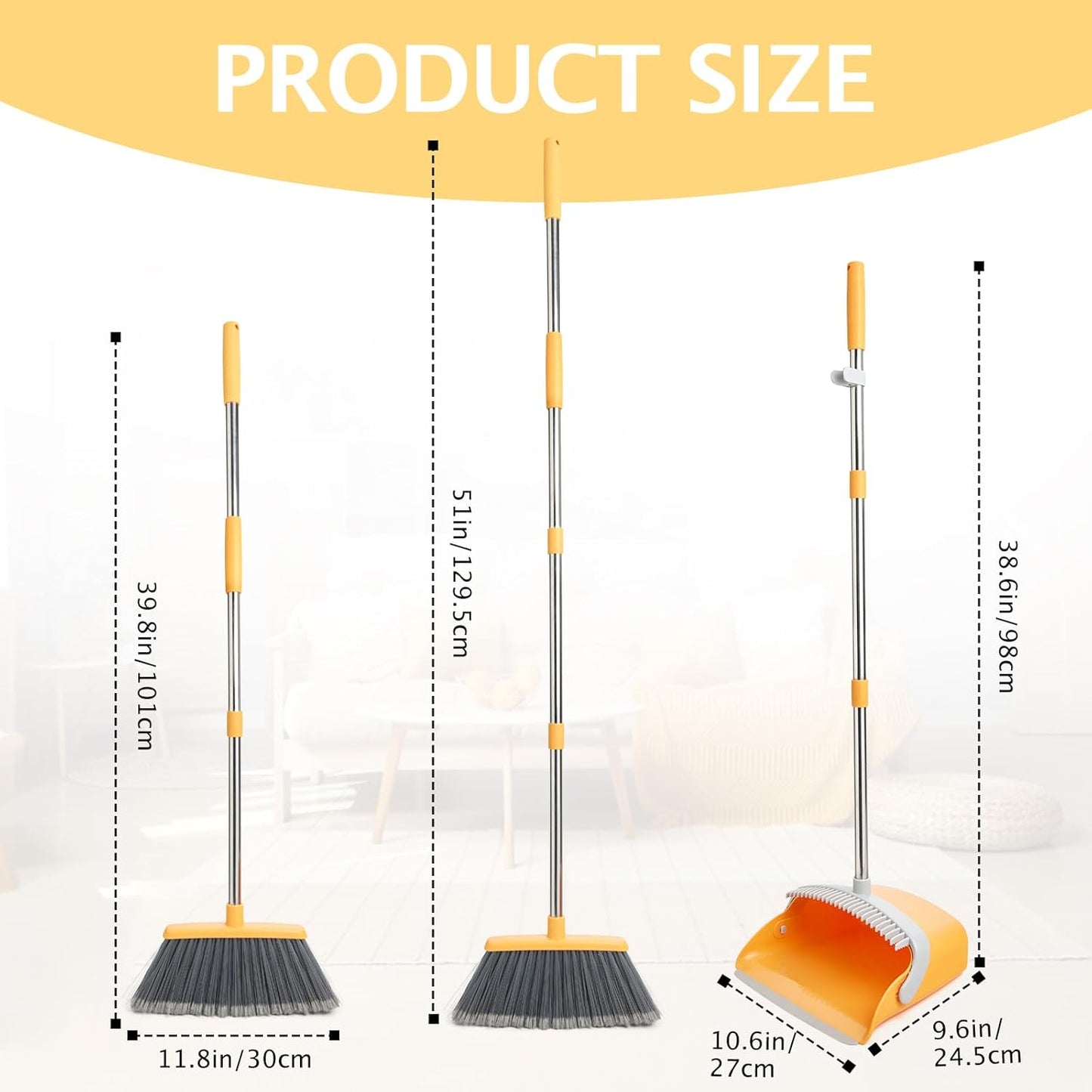 Broom and Dustpan Set, Dustpans with Broom Combo for Home, Heavy Dust Dustpan and Broom Combo, Long Handle Dust Pan and Broom Set for Kitchen, Office, Pet Hair(Gray Yellow)