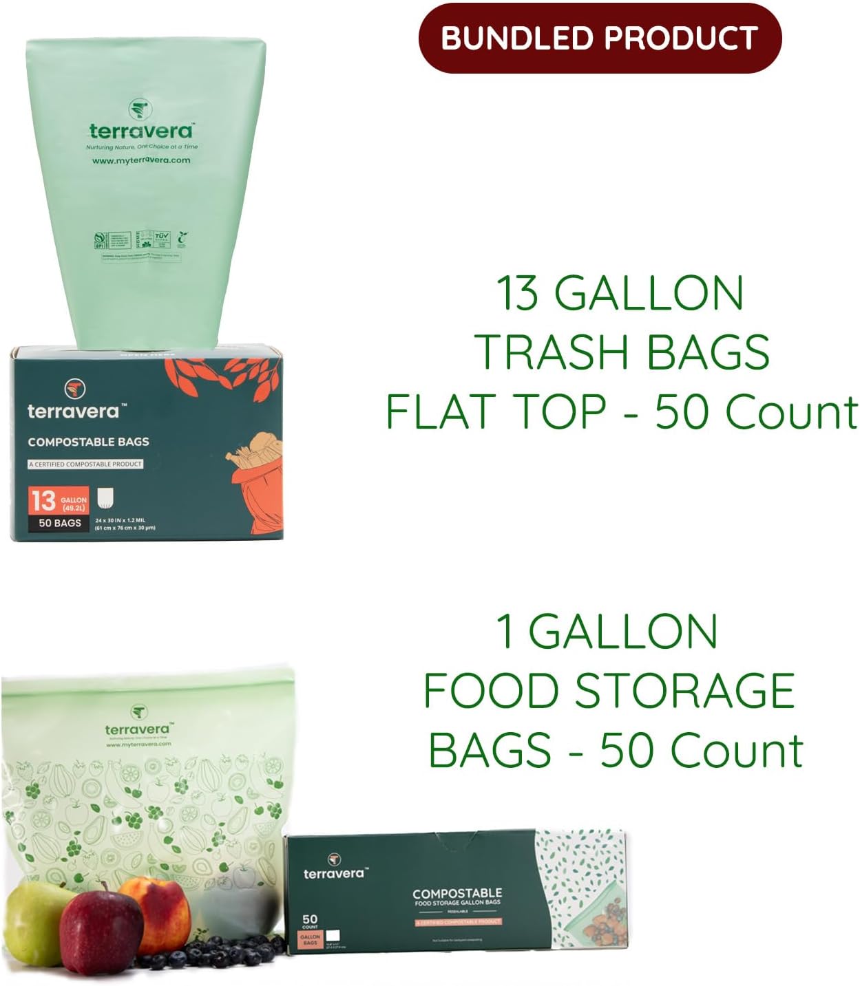 Compostable Trash Bags Flat Top | BPI & OK Home Certified ASTM D6400 Standards | Heavy Duty Kitchen & Yard Waste Bags (13 Gallon Flat Top (50 Count) with Gallon Freezer Bags (50 Count))