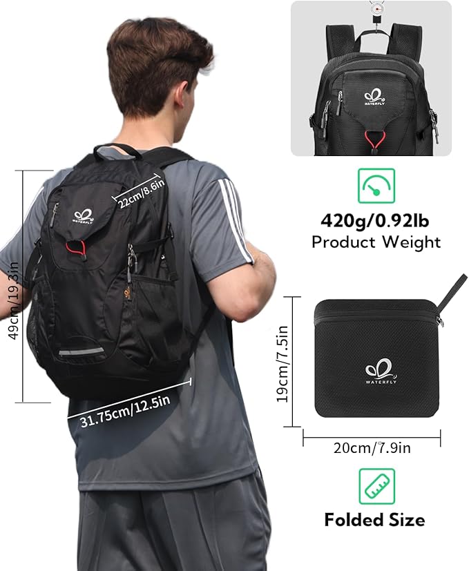 WATERFLY Lightweight Packable Hiking Backpack: 30L Foldable Travel Daypack Ultralight Camping Day Pack for Woman Man
