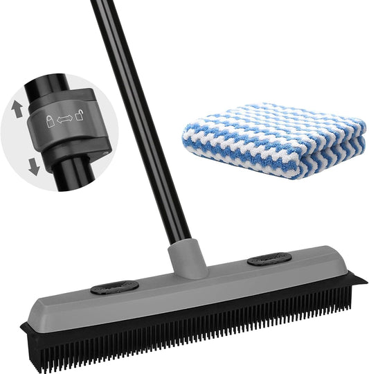 Pet Hair Removal Rubber Broom with Squeegee, Carpet Rake for Pet Hair with 59" Telescoping Long Handle, Fur Remover Rake for Carpet, Hardwood Floor, Tile