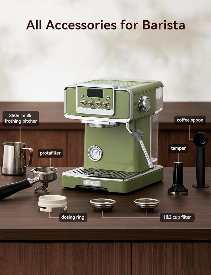 Neretva Espresso Coffee Machine, Professional Espresso Machine with Pressure Gauge 15Bar Retro Espresso Maker with Power Milk Frother Stainless Steel for Home Barista Latte and Cappuccino Maker-Green
