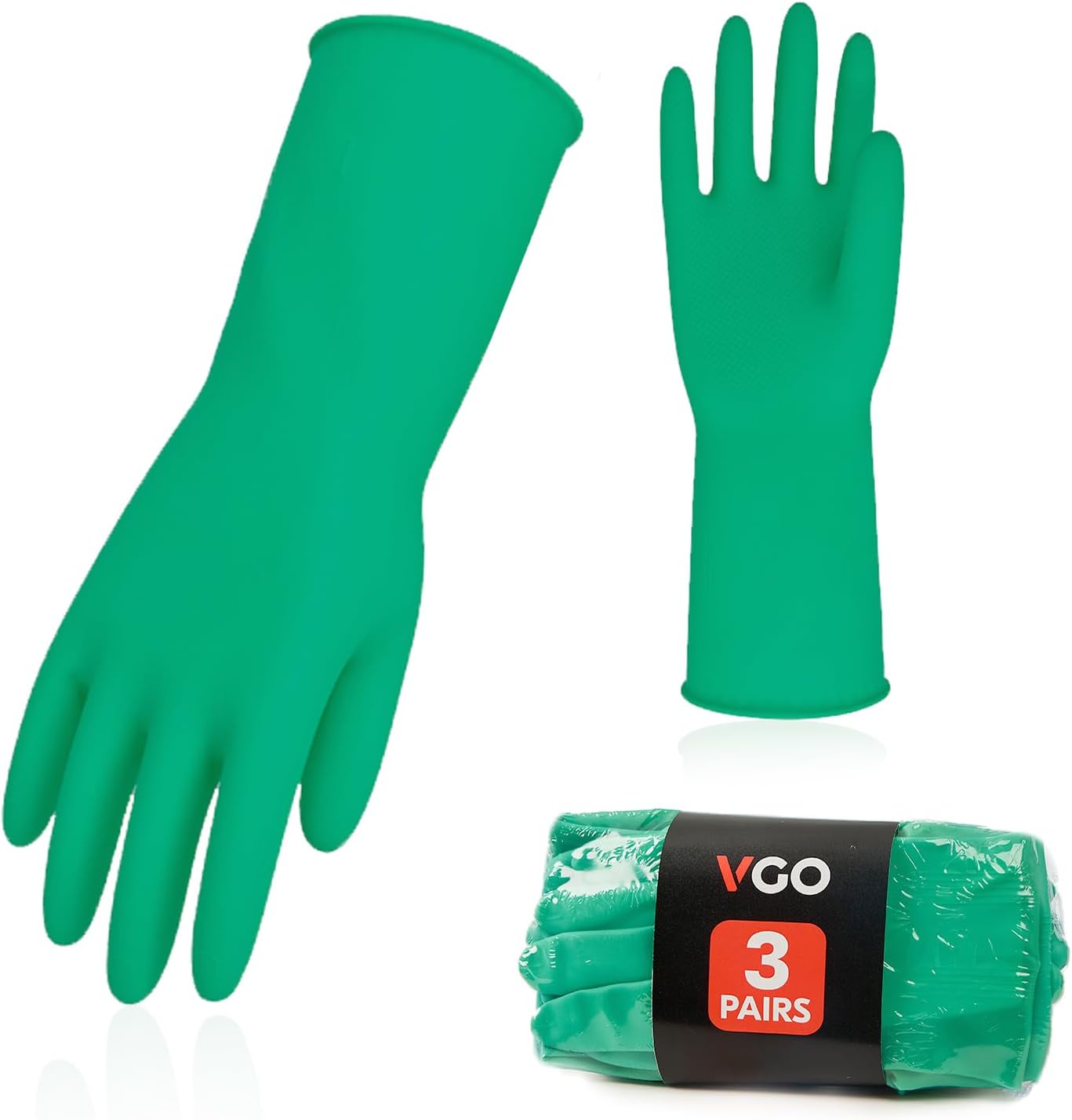 Vgo... 3-Pairs Reusable Household Gloves, Rubber Dishwashing gloves, Extra Thickness, Long Sleeves, Kitchen Cleaning, Working, Painting, Gardening, Pet Care (Size XL, Green, HH4601)