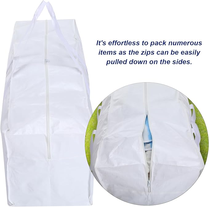 4 Pcs 66 Gallon Large Moving Bags with Zipper and Handles Foldable Storage Duffle Bags Heavy Duty Extra Large Totes for College Dorm Travel Clothes Blankets Bedding Moving(White)