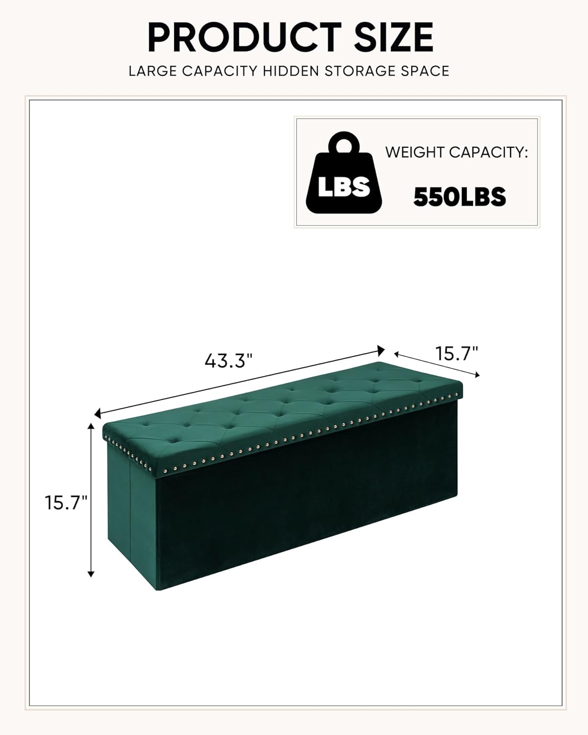 Velvet Storage Ottoman Bench, 43.3" Folding Ottoman with Rivet Trim, Heavy-Duty Upholstered Entryway Bench, Sturdy Footrest and Seat for Bedroom, Living Room, Holds up to 660 LBS, Green