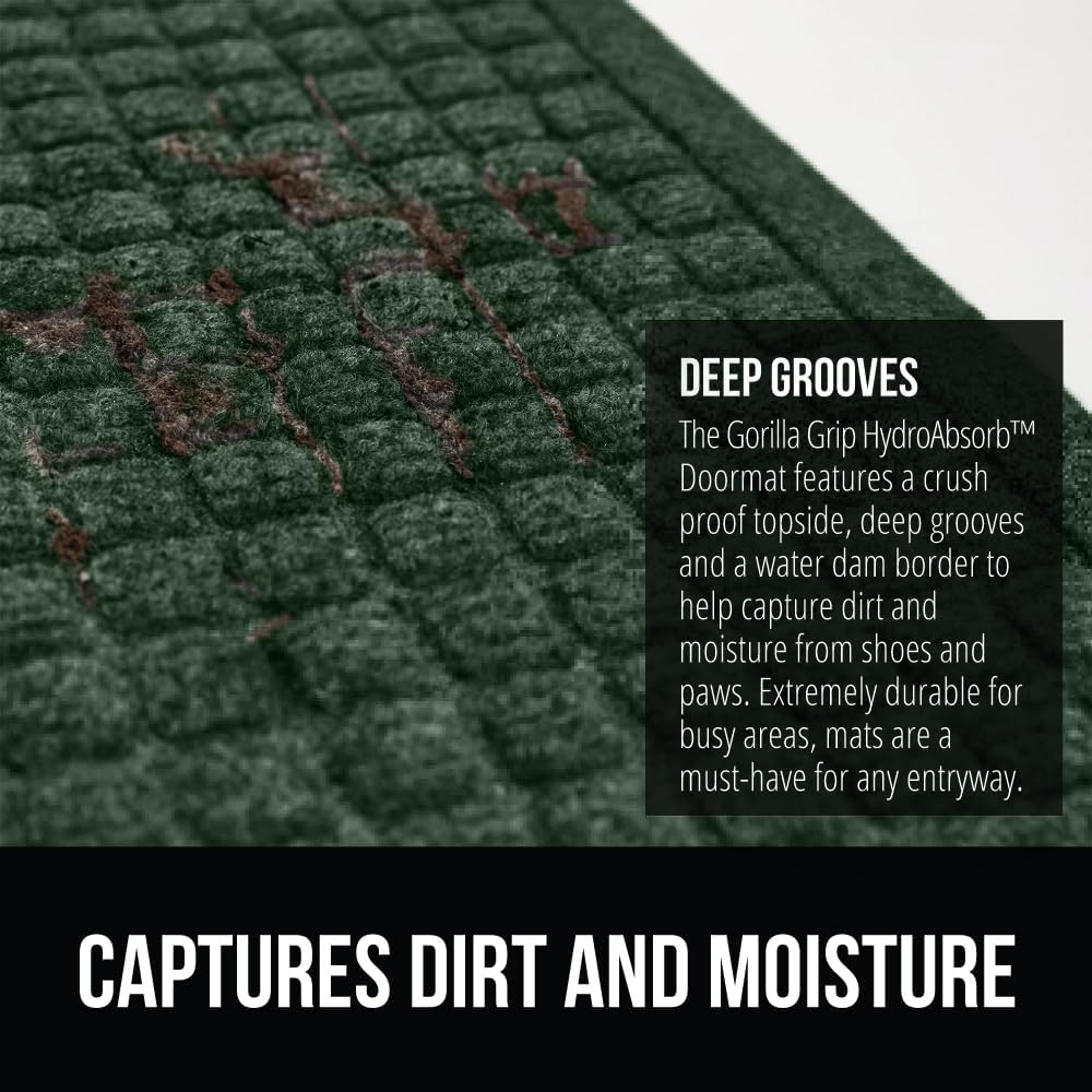 GORILLA GRIP Front Door Mat, 47x35, Indoor Outdoor Ultra Absorbent HydroAbsorb Doormat, Absorbs Up to 6 Cups of Water, Stain and Fade Resistant, Rubber Backing Doormats, Captures Dirt, Green