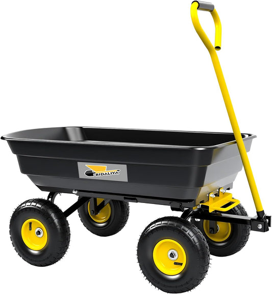 Garden Dump Cart, Heavy-Duty Utility Wagon with 600 lb Capacity, 4 Cu Ft Bed, 10" Pneumatic Tires, 180° Pivot Steering for Yard, Lawn, and Beach Use