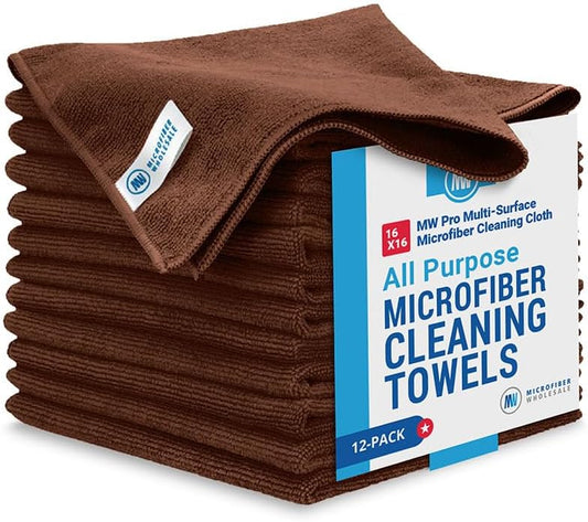 MW Pro Microfiber Cleaning Cloth | Brown | 12 Pack | 16” x 16” | Coffee, Barista, Espresso Towels - Clean, Dust, Polish, Scrub, Absorbent