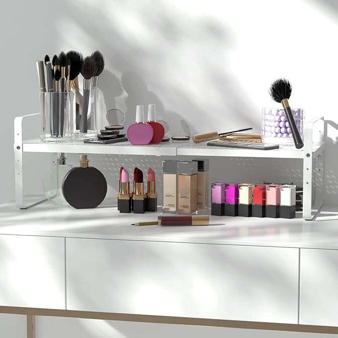 Expandable Kitchen Cabinet Shelf Organizer Rack Heavy Duty Metal Spice Rack Stackable Kitchen Counter Storage Shelf for Kitchen Cabinet Pantry Bathroom (White - 16.5"-27" L x 8" W x 9.6" H - 3Pack)