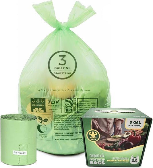 3 Gallon Compostable Trash Bags with Handle-Tie, Thick 0.67 Mil, 11.36 Liter, 80 Bags, Small Kitchen Food Scrap Waste Bag, ASTM D6400, US BPI and OK Compost Home Certified