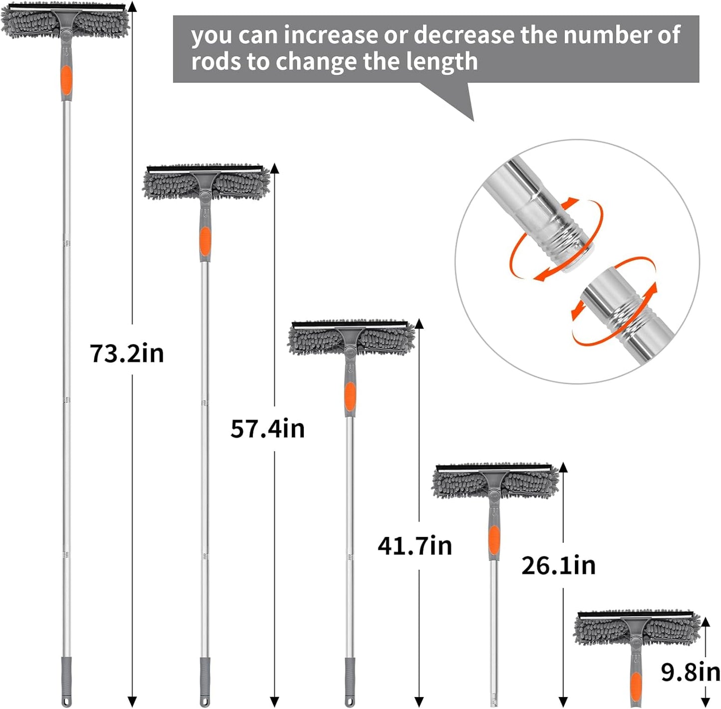 Professional 72'' Window Squeegee Cleaning Washing Tool/Kit with Extension Pole, 3 in 1 Squeegee for Window Cleaning Kit for High Window with 1 Rotatable Head 4 Interchangeable Scrubber