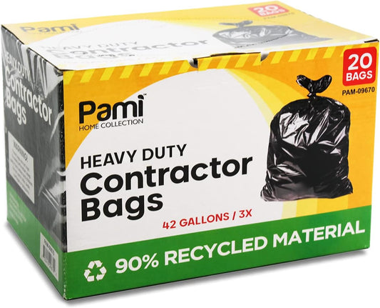 PAMI Heavy Duty 42 Gallon Contractor Garbage Bags, Tear Resistant Construction Bags Made from 90% Recycled Materials (20 Count, Black)