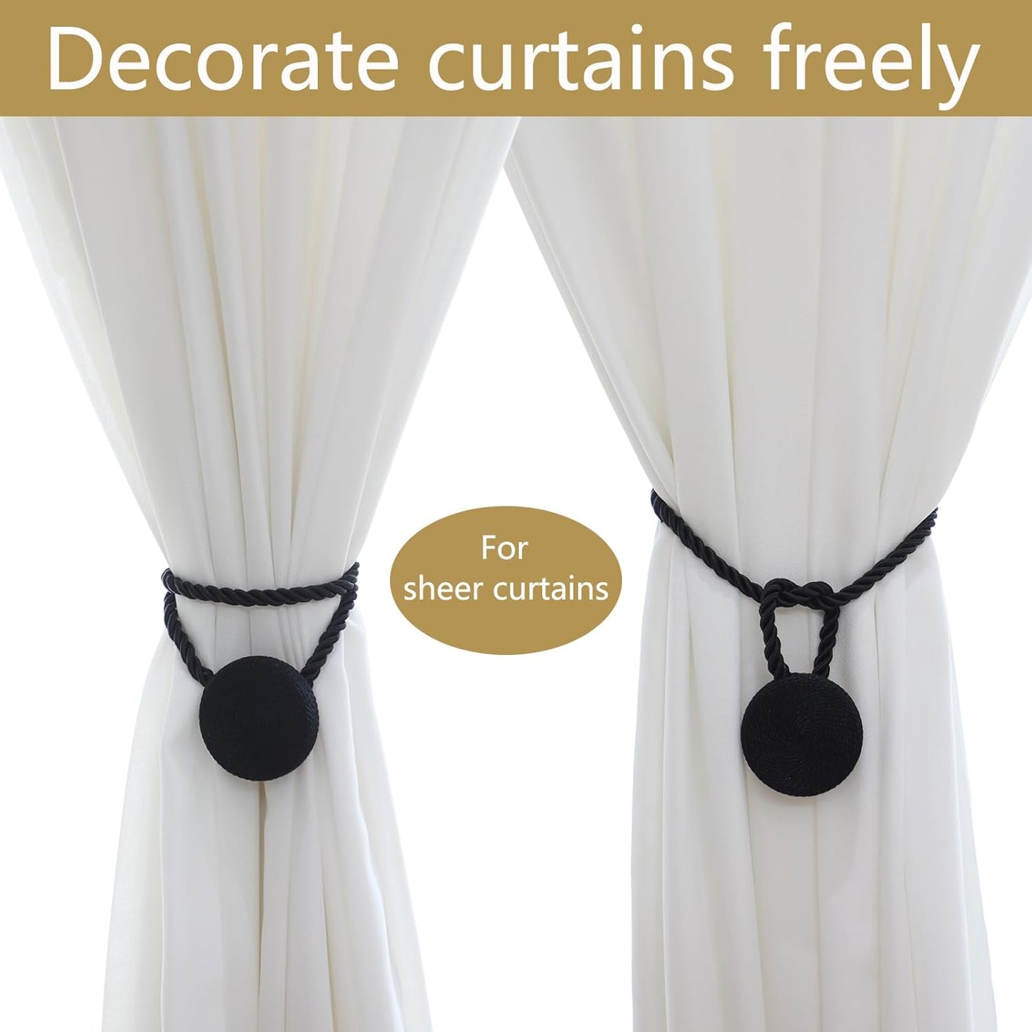 Magnetic Curtain Tiebacks - 12mm Magnetic Tie Backs for Curtains, Heavy Duty No Drill Curtain Holdbacks for Home/Office Windows Drapes, Elegant Gift-Ready Design 7 Colors (4, Black)