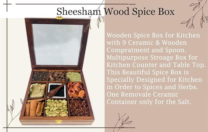 Wooden Spice Box with lid and Spoon - 9 spice compartments including with 1 removable Ceramic Container Good for Storing Salt - Tabletop Kitchen Spice Organizer for Masala and Herbs