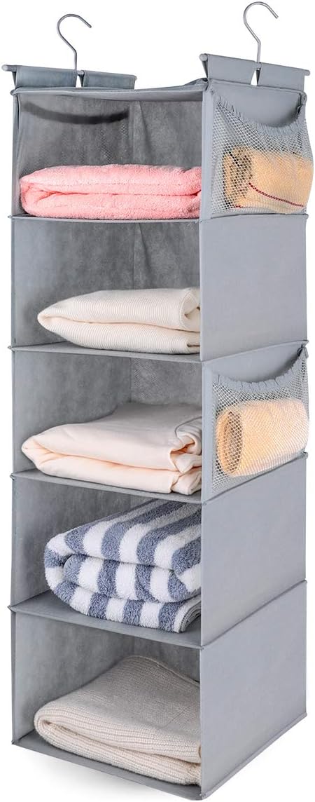 MAX Houser 5 Shelf Hanging Closet Organizer,Space Saver, Closet Hanging Shelves with (4) Side Pockets,Foldable,Light Grey