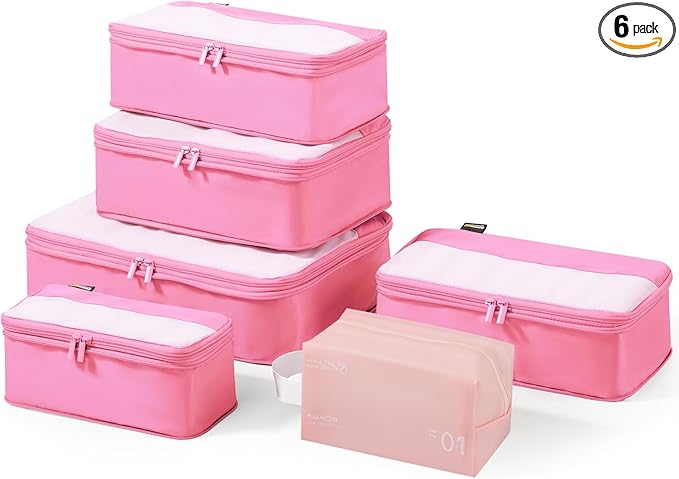 6 Set Compression Packing Cubes for Travel Essentials, Luggage Organizers for Suitcases (Light Pink)