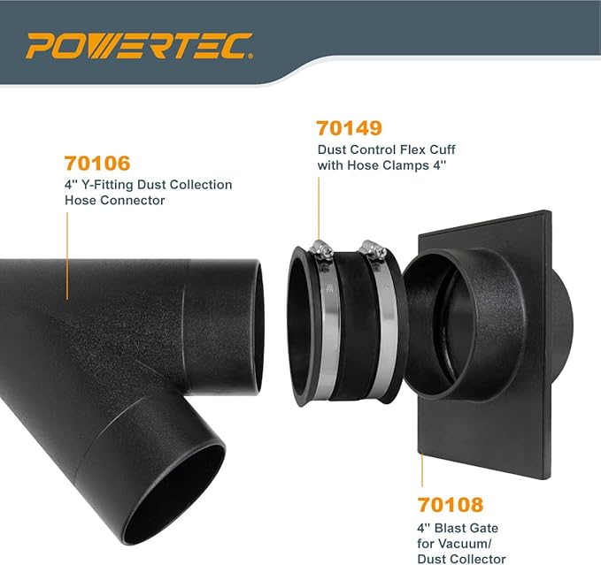 POWERTEC 70359 4" Dust Collection Hose Y-Fitting Connector with Blast Gate and Dust Control Flex Cuff, 1 Set