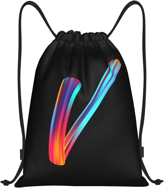 Drawstring Bags Initial Drawstring Backpack Sackpack Black Draw String Cinch Bags for Sports, Gym, Travel, Swimming, Beach, Camping, Rainbow Letter V