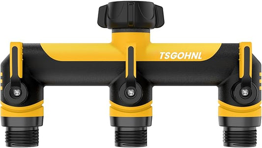 Garden Hose Splitter, 3/4-Inch Hose Manifold, Outdoor Faucet Adapter - Soft TPR Covering - Lightweight, Non-Slip, Sun-Resistant 3-Way Valve（yellow）