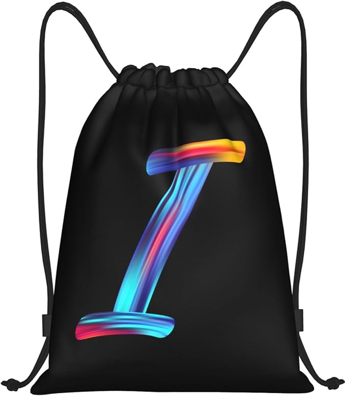 Drawstring Bags Initial Drawstring Backpack Sackpack Black Draw String Cinch Bags for Sports, Gym, Travel, Swimming, Beach, Camping, Rainbow Letter I