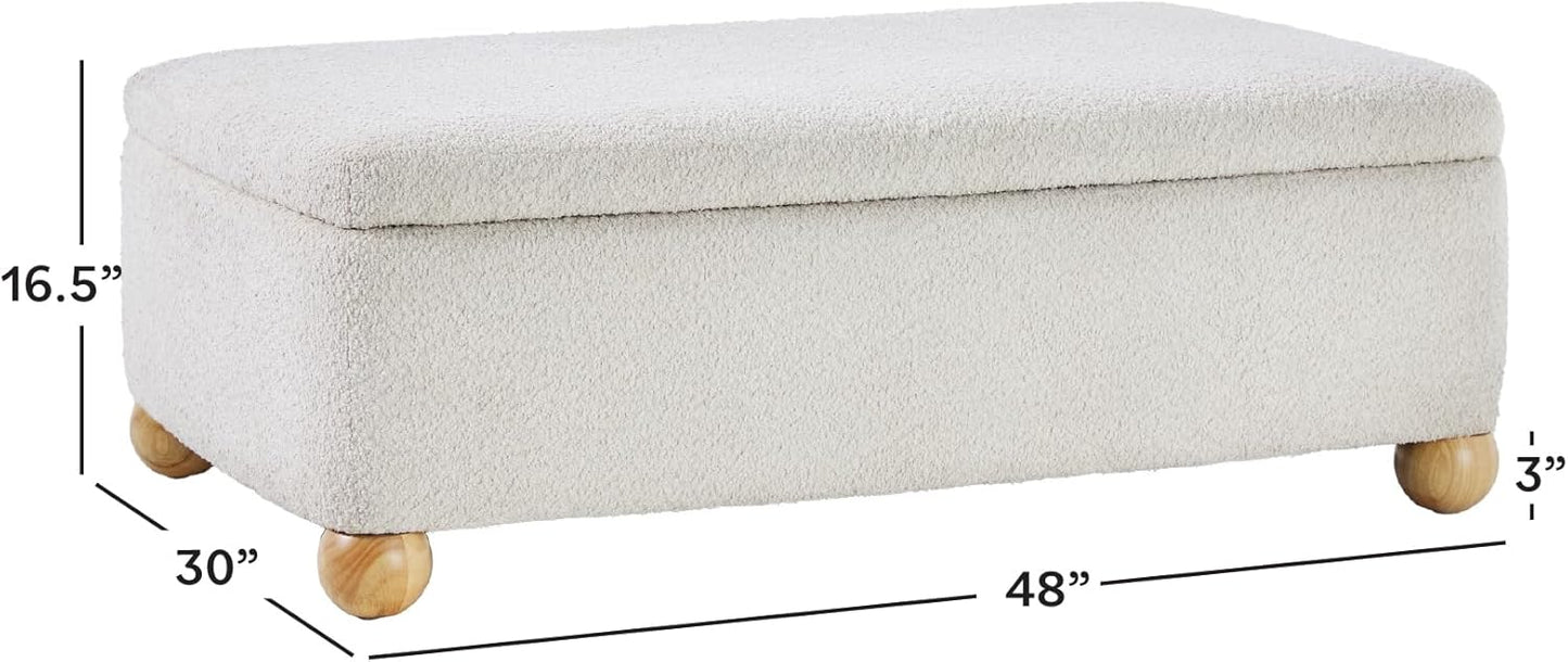Walker Edison Linley Contemporary Large Storage Bouclé Ottoman with Wood Legs, Ivory