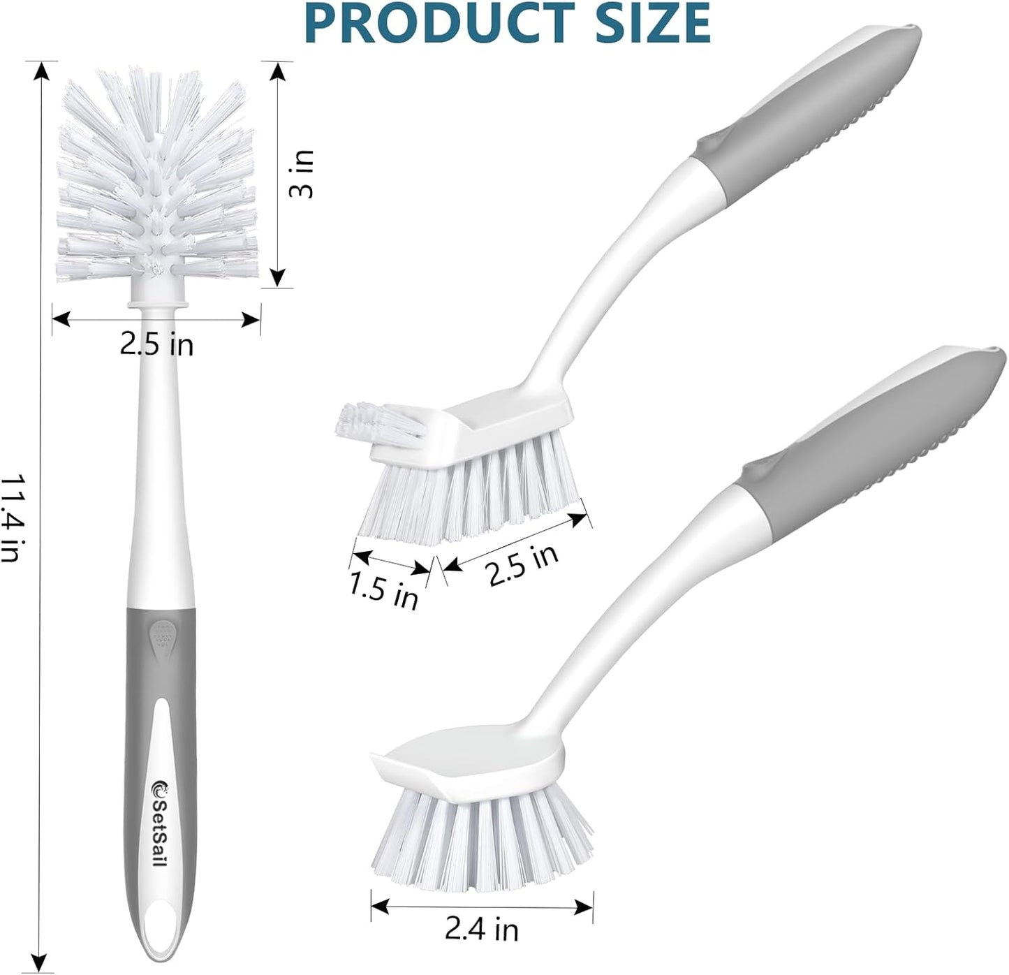 SetSail Dish Brush Set of 3 Piece, Dish Scrub Brush with Long Handle Deep Cleaning Brush with Scraper Tip for Kitchen Dishes Bottle Cup Pot Pan, Grey