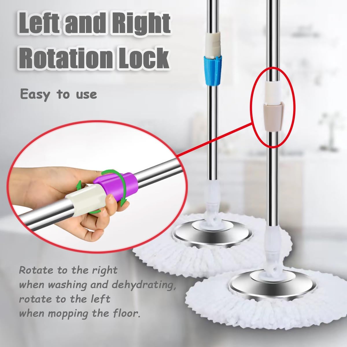 Extended Spin Mop Replacement Mop Handle, Upgraded 60-inch 360 Degrees Rotating Telescopic Replacement Mop Stick for Spin Mop Bucket Cleaning System (Stainless Steel Disc, Khaki)