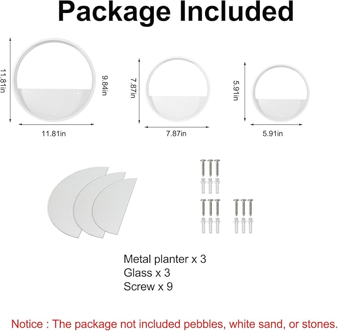 3 Pack Set Wall Planters,Modern Round Glass Wall Planter Succulent Planter Circle Iron Hanging Planter Vase for Herb,Small Cactus Perfect for Balcony, Room and Patio Decor (White)