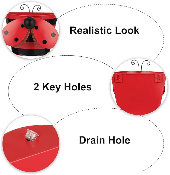 BAYN Set of 2 Ladybug Wall Hanging Planter Decor Art, Metal Wall Mounted Planters Garden Yard Decorative Flower Pot Indoor Outdoor Wall Planter Succulent Plant Container