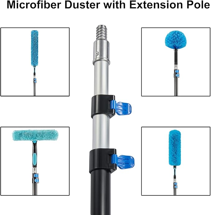 30 Foot High Ceiling Fan Duster with 6-24 Foot Extension Pole, Extendable Reusable Cobweb, Feather, Window Cleaning Squeegee Kit