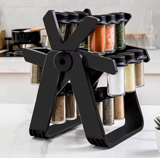 Rotating spice rack set designed to organize and store various spices. This spice rack appears to have a rotating carousel design, allowing easy access to different spices.