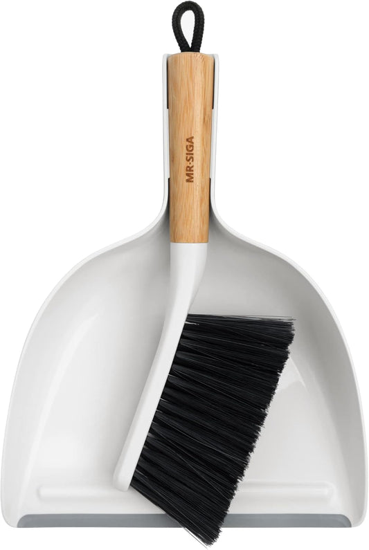 MR.SIGA Dustpan and Brush Set, Portable Cleaning Brush and Dustpan Combo with Bamboo Handle, White, 1 Set