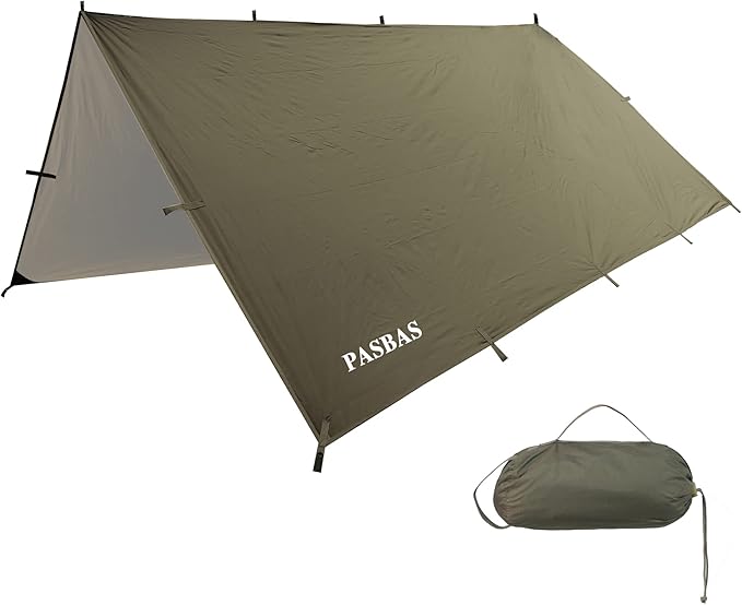 100% Waterproof Camping Shelter,Lightweight Bushcraft Emergency Tarp,70D Ripstop Nylon 10X10 ft Olive Drab Sun Shelter Backpacking Protable Can be Used with Car、Tent、Hammock in Hiking、Traveling、Garden