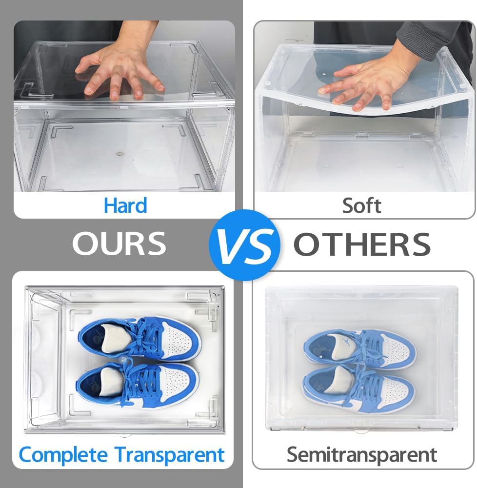 4 Pack Acrylic Shoe Boxes Sneaker Storage for Sneakerheads Clear Plastic Stackable Boot Shoe Collectibles Display Case, Size 13