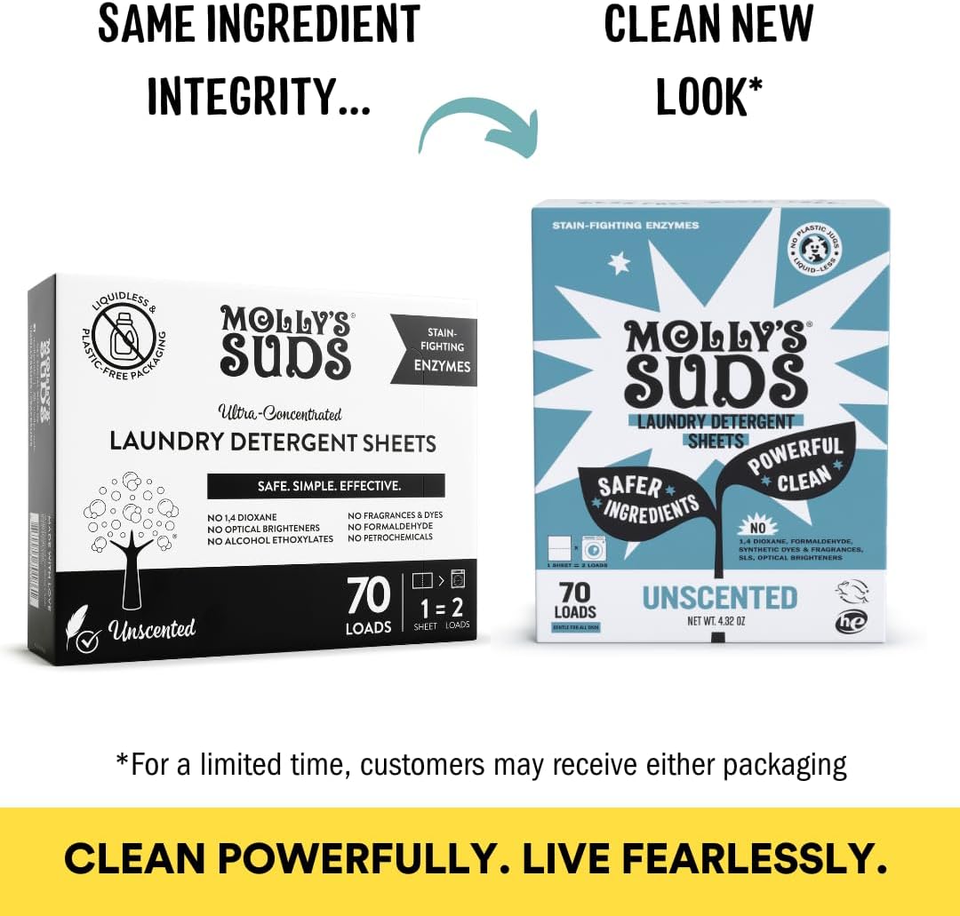Molly’s Suds Laundry Detergent Sheets | Gentle on Sensitive Skin, Powerful Bio-Based Enzymes, Stain-Fighting | Liquidless & Plastic-Free Packaging | 120 Loads (Unscented)