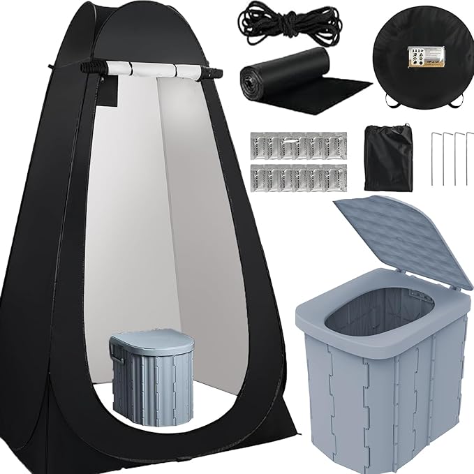 Portable Camping Toilet with Pop-Up Privacy Tent,Outdoor Portable Folding Toilet Potty for Adults,Outdoor Camping Shower Tents Changing Room Emergency Toilet Tent Kit with Carry Bag