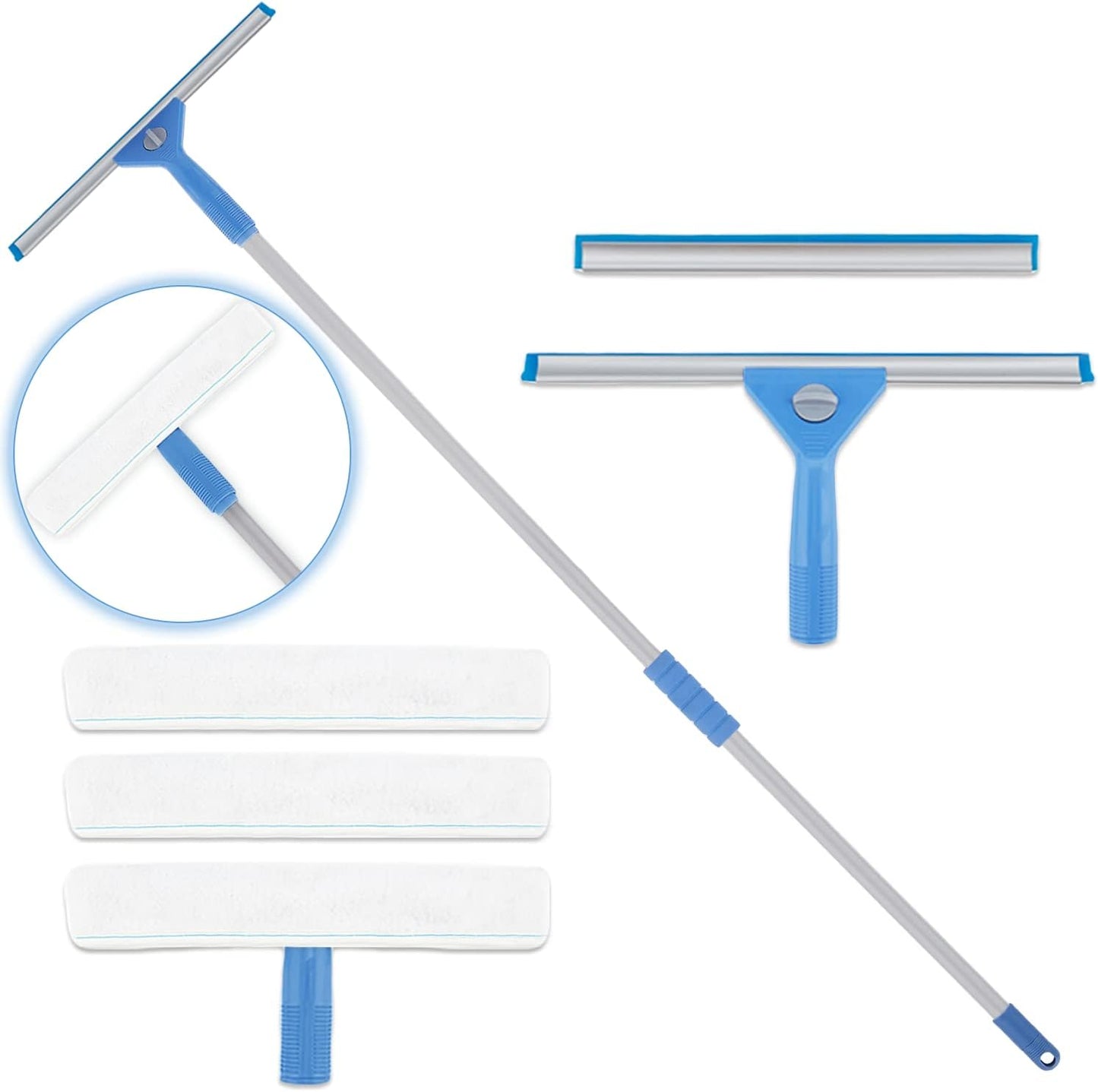 Window Squeegee Washing Kit for High Window, Shower Glass Door, Mirror Cleaning, with 69-inch Extension Pole, Extra 14'' Wide Squeegee and 2 Microfiber Scrubbers Included