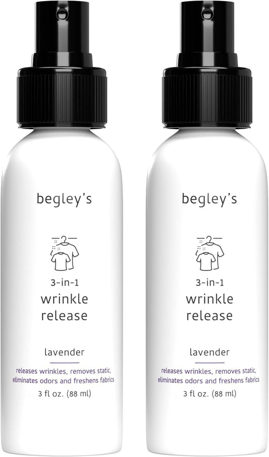 Begley's 3-in-1 Wrinkle Remover, Quick Fix Wrinkle Release, Static Cling Remover, Odor Eliminator and Fabric Refresher Spray - USDA Certified Biobased - Lavender, 3 oz Travel Size