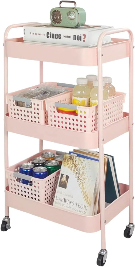 3 Tier Pink Rolling Cart for Nursery & Laundry Room with Handle & 4 Hooks, Metal Kitchen Storage Cart on Wheels and Lockable Casters, Large Capacity Sturdy Trolley for Lash Craft Bathroom