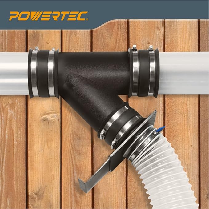 POWERTEC 70359 4" Dust Collection Hose Y-Fitting Connector with Blast Gate and Dust Control Flex Cuff, 1 Set